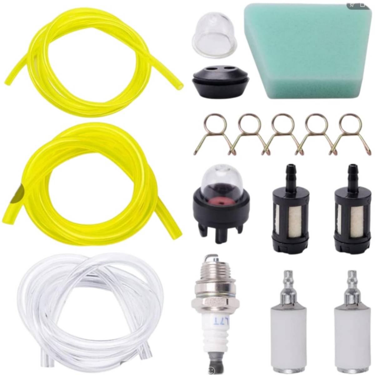 Verschiedene Kleinmotorentreibstoffsystem-Teile: gelbe und transparente Schläuche, Filter, Primer-Kugel, Tankdeckel, Schellen, Zündkerze und zwei Inline-Verbinder.