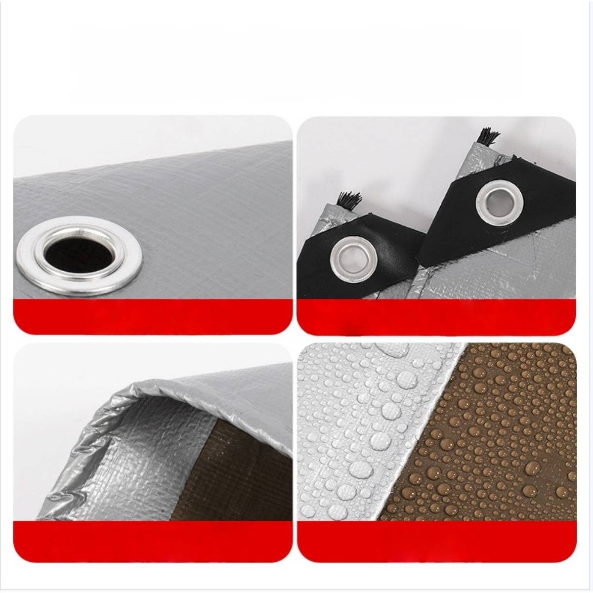 Collage zeigt eine graue Plane mit Metallösen, schwarze verstärkte Eckösen, einen umgelegten Rand und eine wasserdichte Oberfläche mit Wassertropfen.