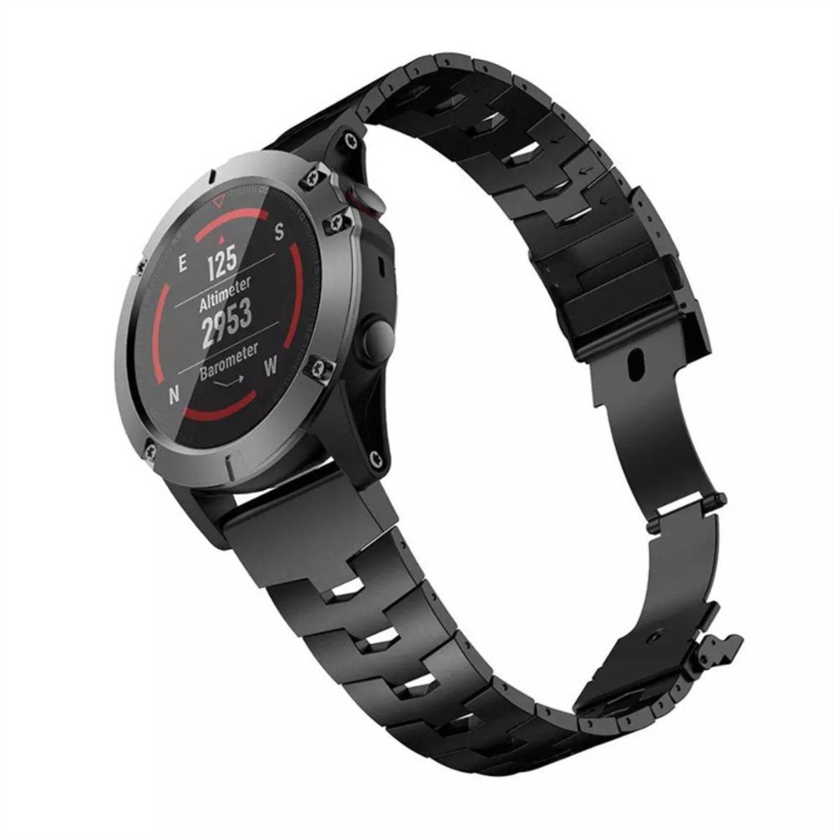 Schwarze Smartwatch mit Metallband in schräger Ansicht, zeigt Höhenmesser- und Barometerwerte auf einem kreisförmigen Display.