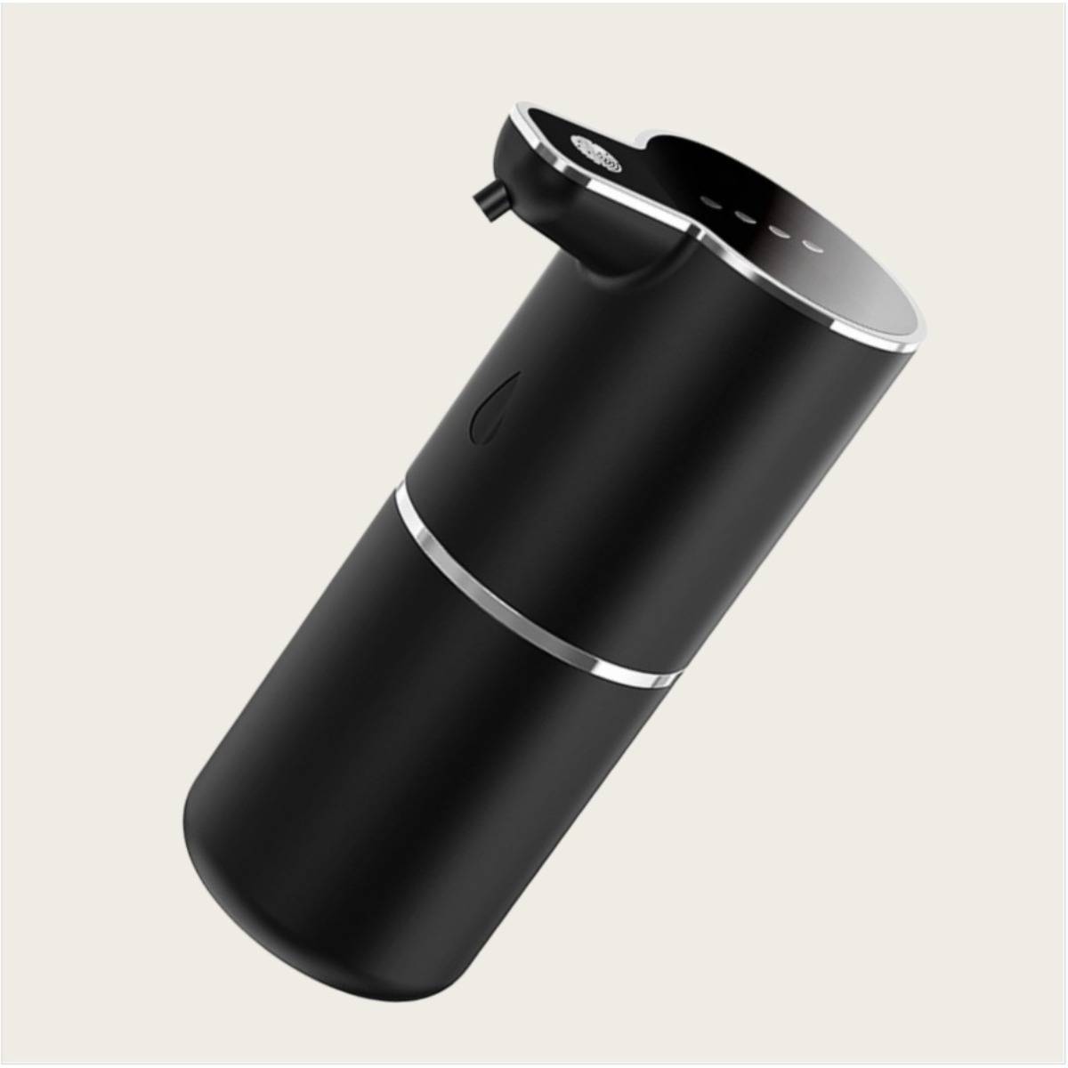 Schwarze zylindrische elektrische Pfeffermühle mit silbernem Besatz, abgebildet auf einem schlichten, hellen Hintergrund.
