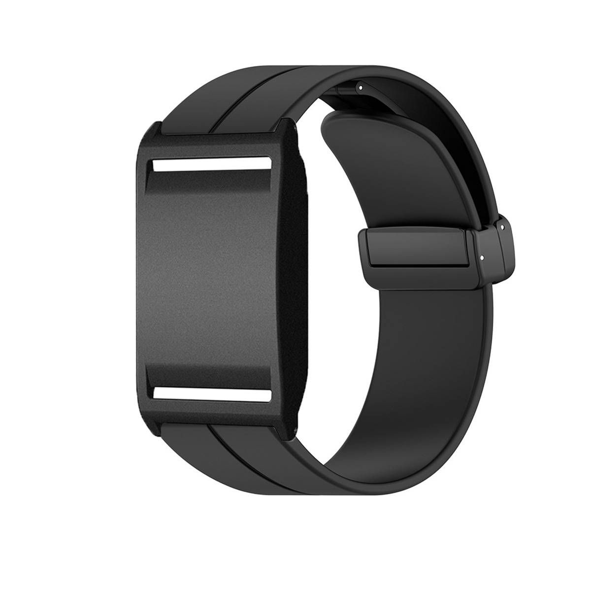 Schwarzes Fitness-Tracker-Armband mit rechteckigem leerem Display und verstellbarem Riemen auf weißem Hintergrund.