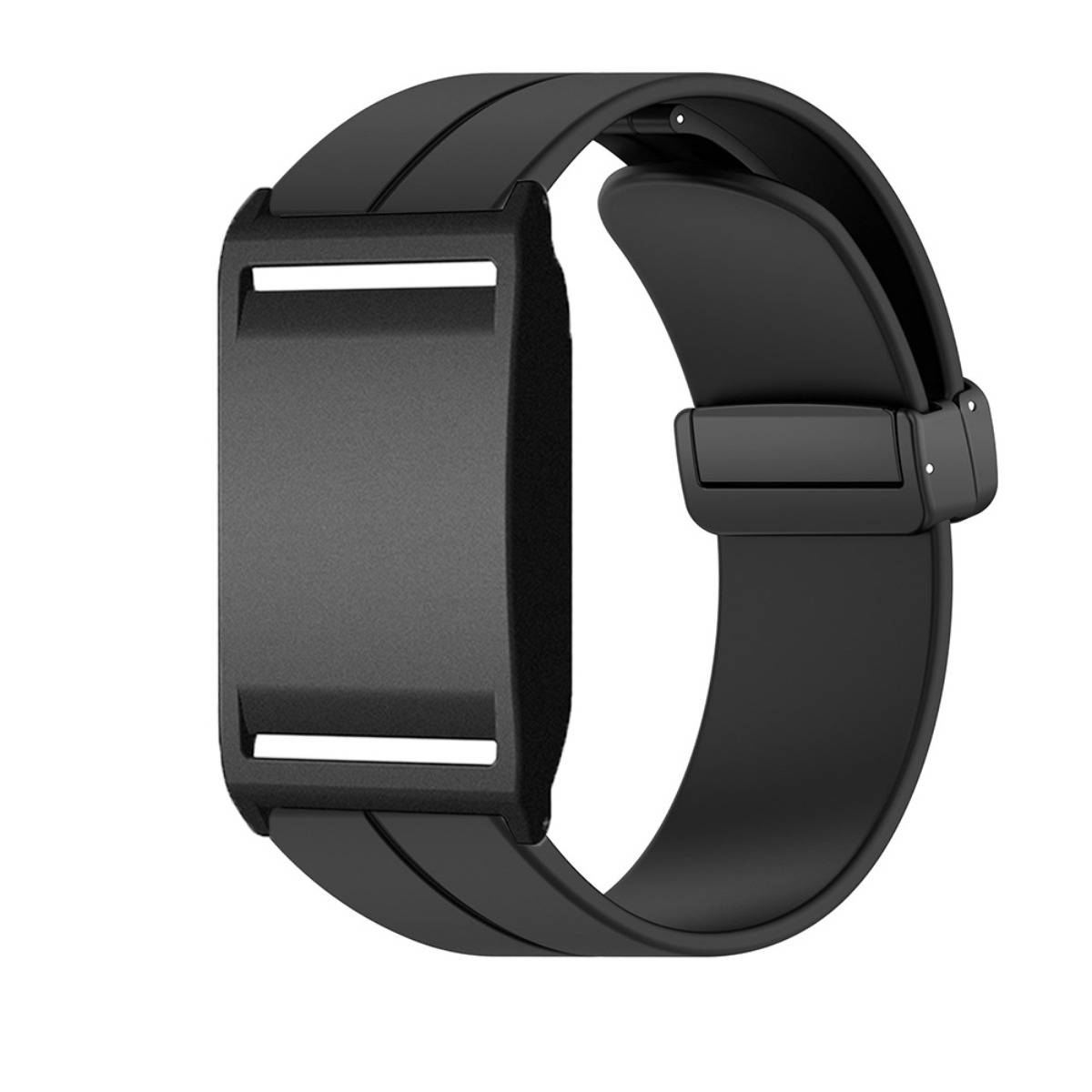 Schwarze minimalistische Armbanduhr mit breitem rechteckigem digitalem Zifferblatt und glatttem schwarzen Silikonarmband auf weißem Hintergrund.