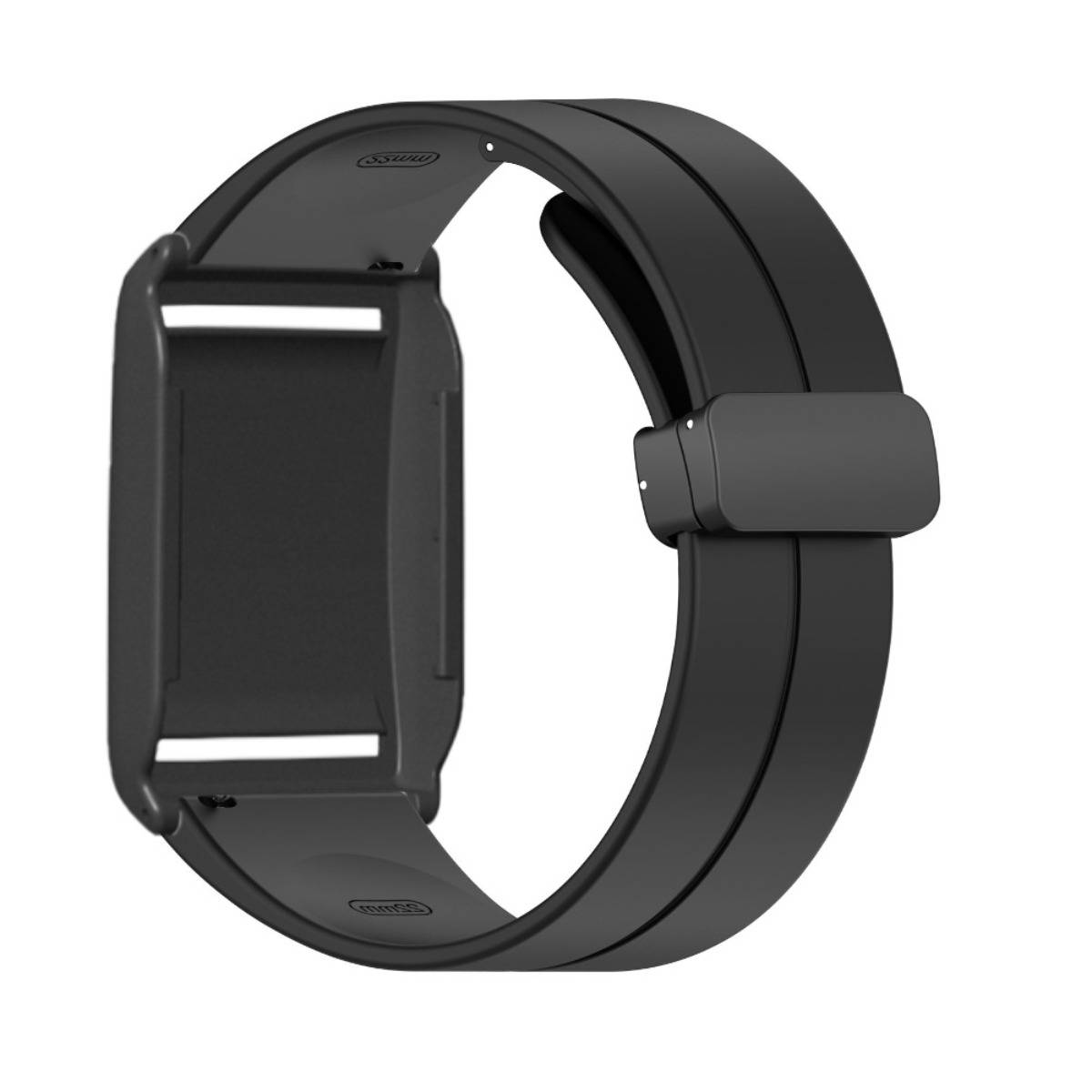 Schwarzes verstellbares Armband oder Riemen mit einer rechteckigen Gerätehalterung, auf weißem Hintergrund dargestellt.