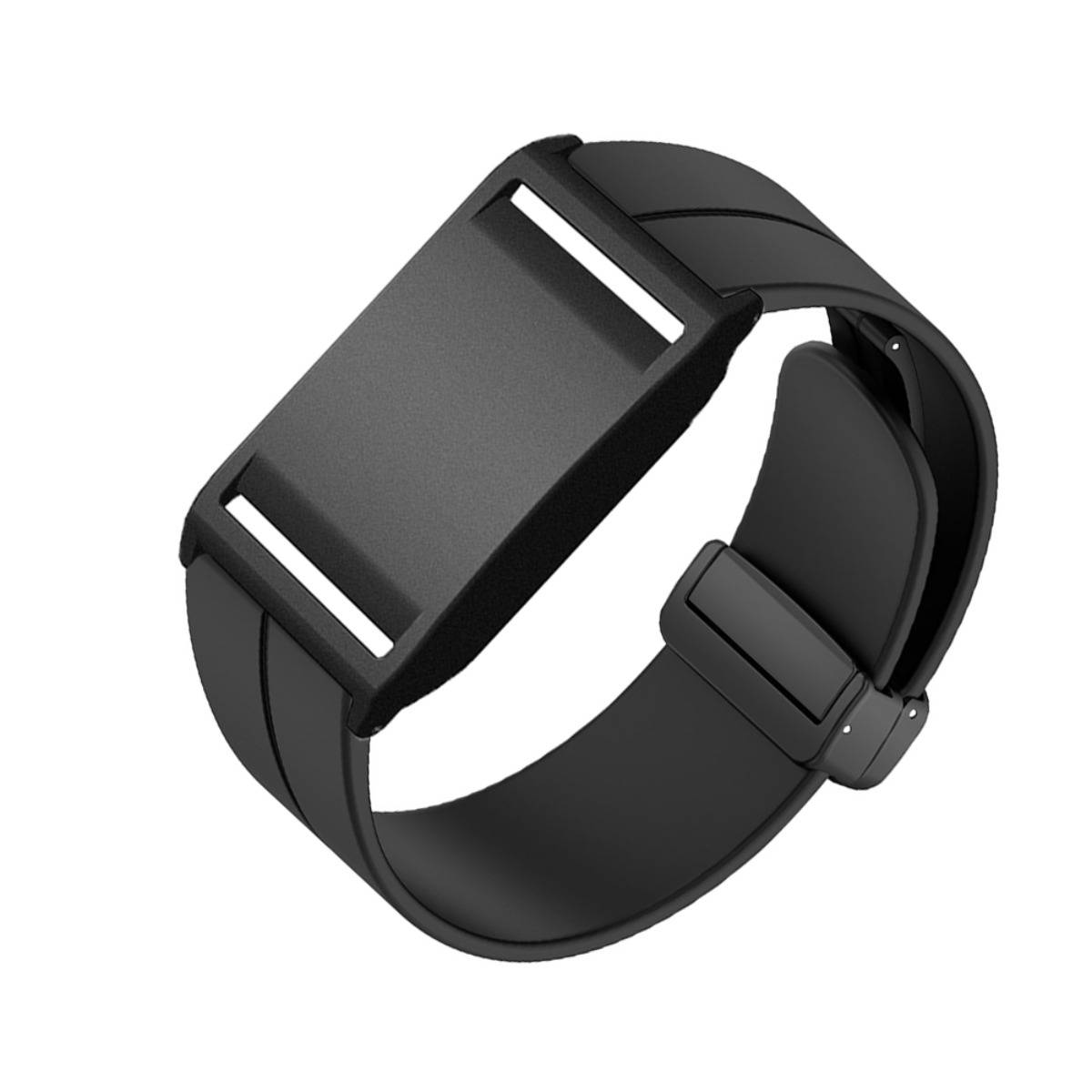 Schwarzes Smartwatch-Armband mit rechteckiger Uhrengehäuse-Halterung und verstellbarem Armband, isoliert auf weißem Hintergrund dargestellt.