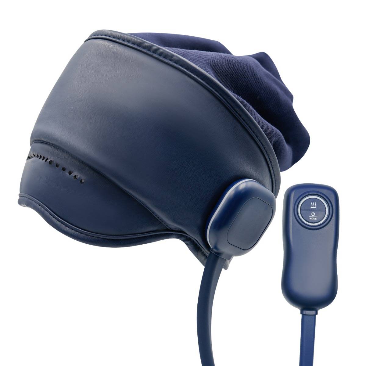 Blaue beheizte Augenmassagemaske mit verstellbarem Seitenkontroller und angebrachtem Kabel, dargestellt auf weißem Hintergrund.