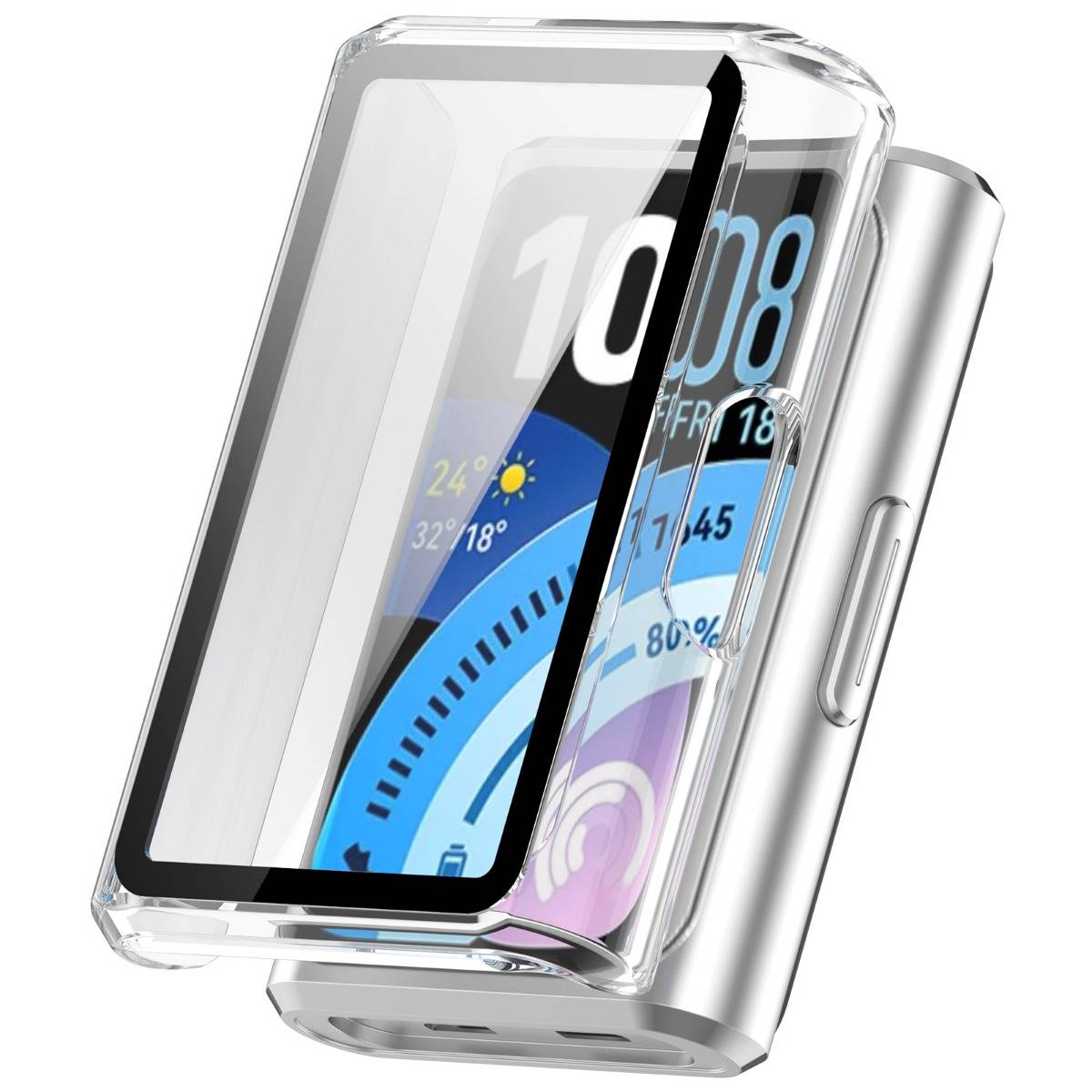 Transparente Schutzhülle für Smartphones, geöffnet dargestellt, die den Bildschirm und die Aussparungen für die Seitentasten zeigt.