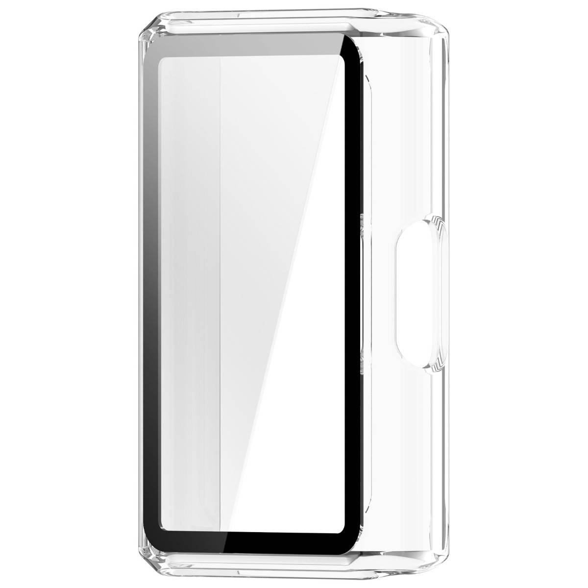 Transparente, klare Schutzhandyhülle, von vorne gezeigt, mit schwarzer Kontur eines Smartphones im Inneren.