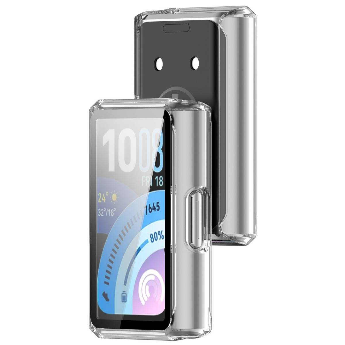 Transparente Schutzhülle für ein Smartphone, von vorne und hinten gezeigt, mit klarem Bumper und Aussparungen für die Seitentasten.