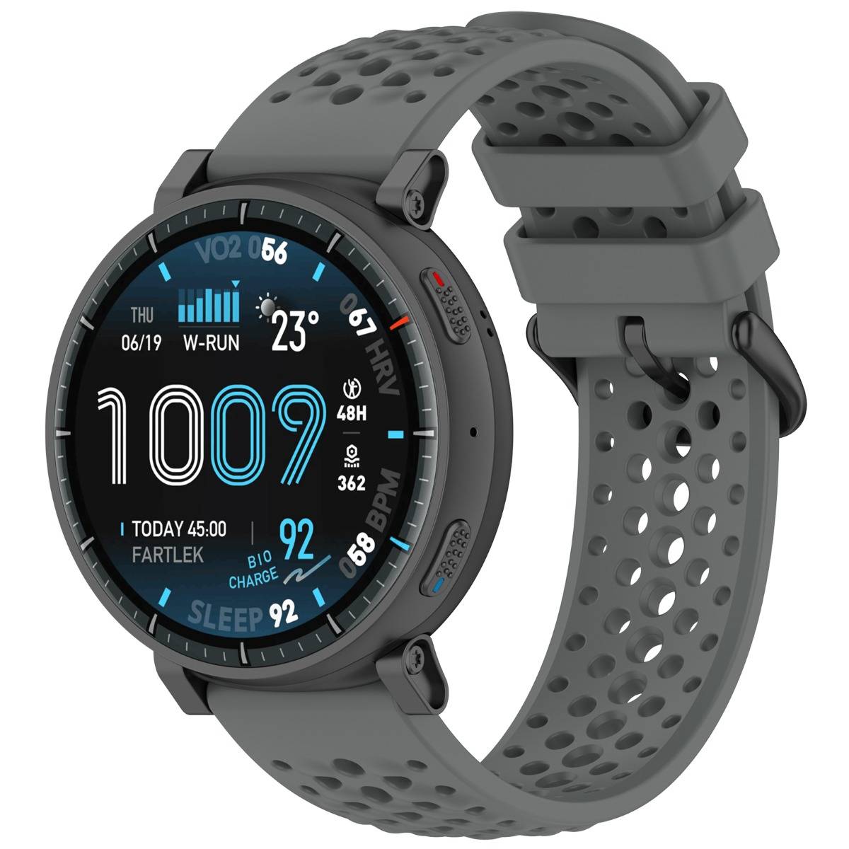 Graue runde Smartwatch mit durchlöchertem Silikonarmband, das ein digitales Display mit der Uhrzeit 10:09, dem Datum 06/19, der Temperatur 23° und Fitnesswerten zeigt.