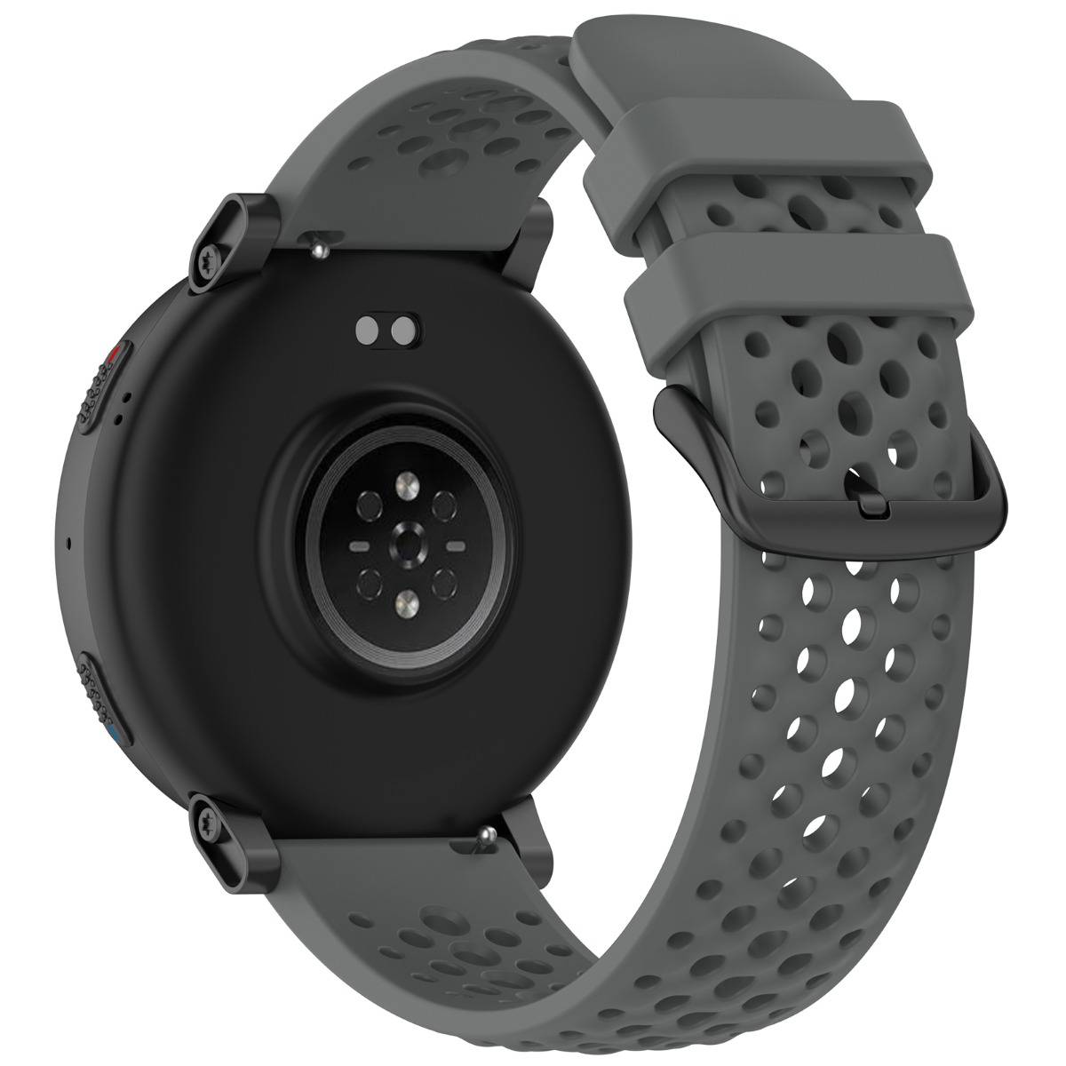 Rückansicht einer runden schwarzen Smartwatch mit grauem perforiertem Sportarmband und Schnallenverschluss.