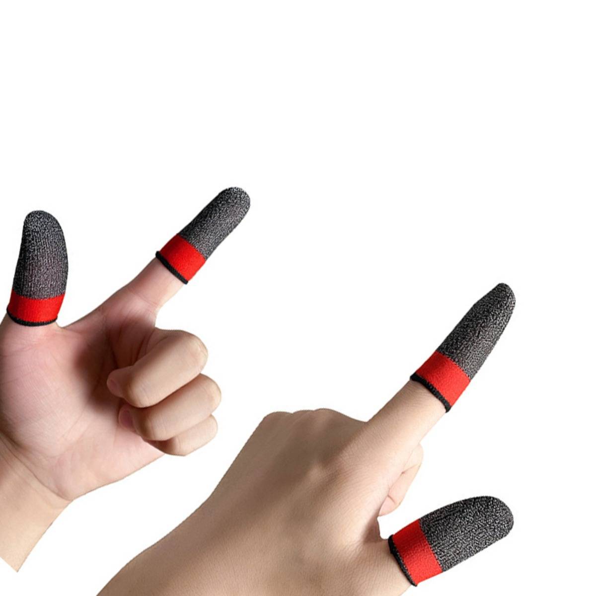 Zwei Hände tragen schwarze strukturierte Fingerspitzenhülsen mit roten Bändern, Daumen nach oben in einer Daumen-hoch-Geste auf weißem Hintergrund ausgestreckt.