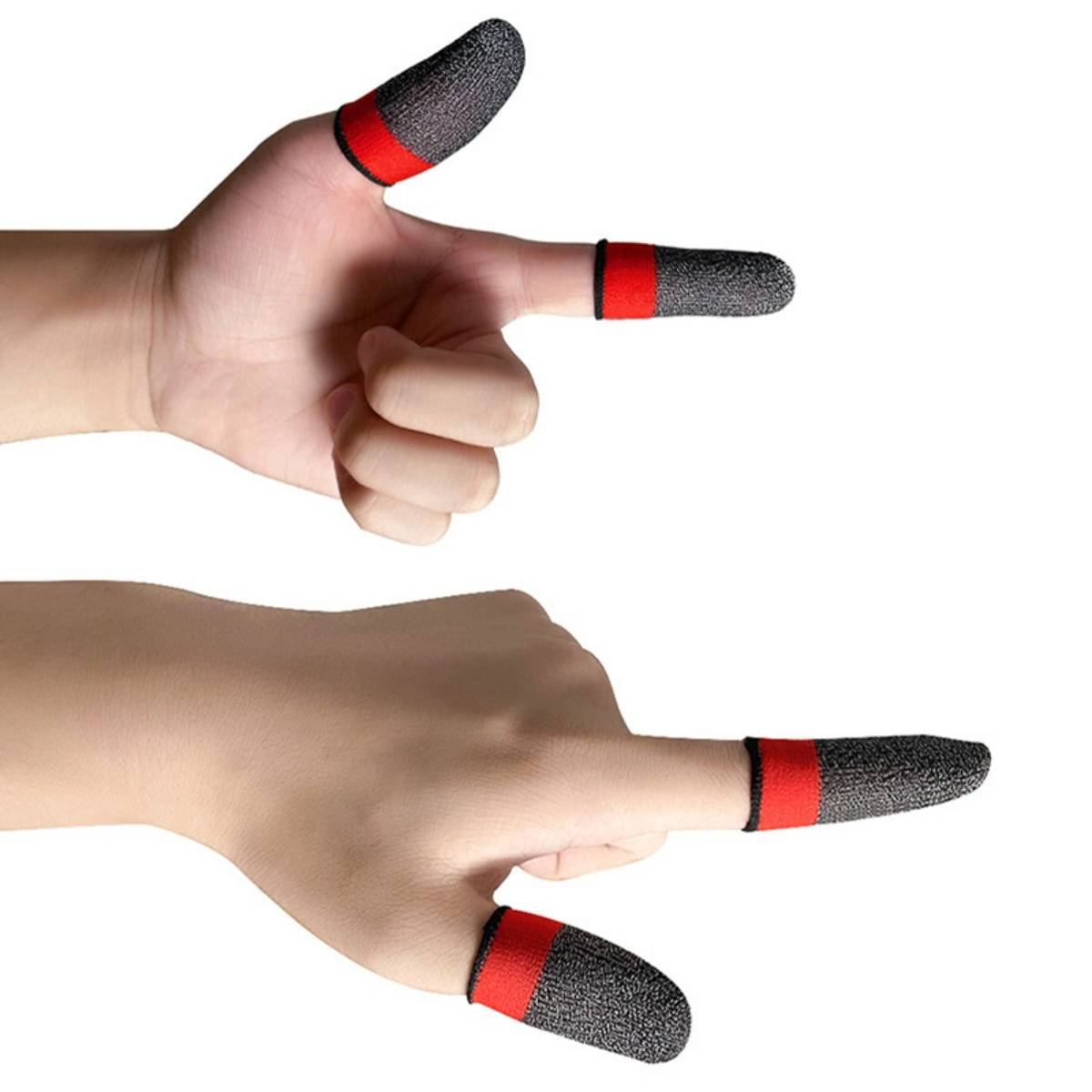 Zwei Hände auf weißem Hintergrund zeigen Fingergesten mit rot-schwarzen Fingerkuppen: eine zeigt nach links und eine zeigt nach rechts.