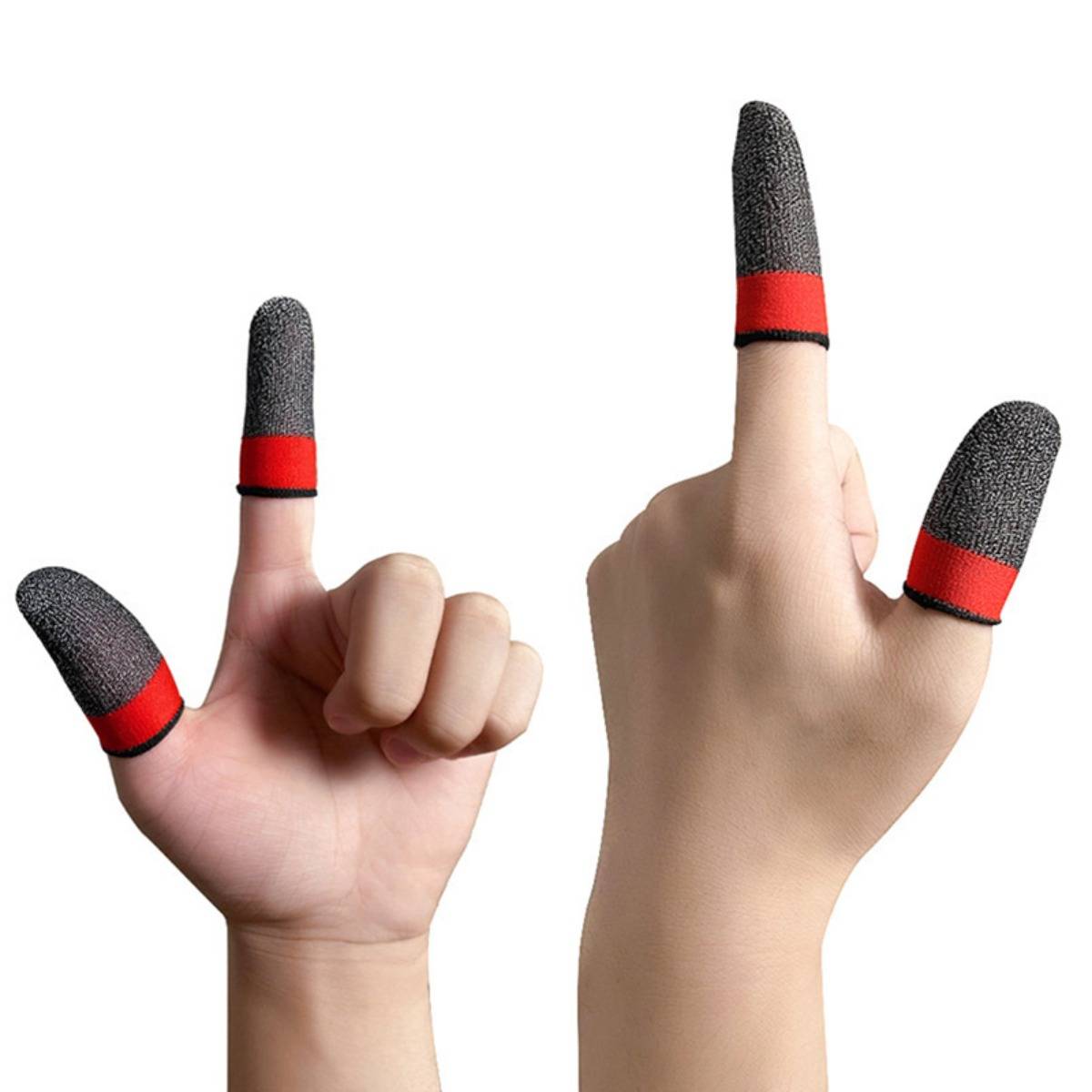 Zwei Hände zeigen Fingerspitzenhülsen an Zeigefinger, Mittelfinger und Daumen, wahrscheinlich Gaming- oder Touchscreen-Fingerschutzvorrichtungen.