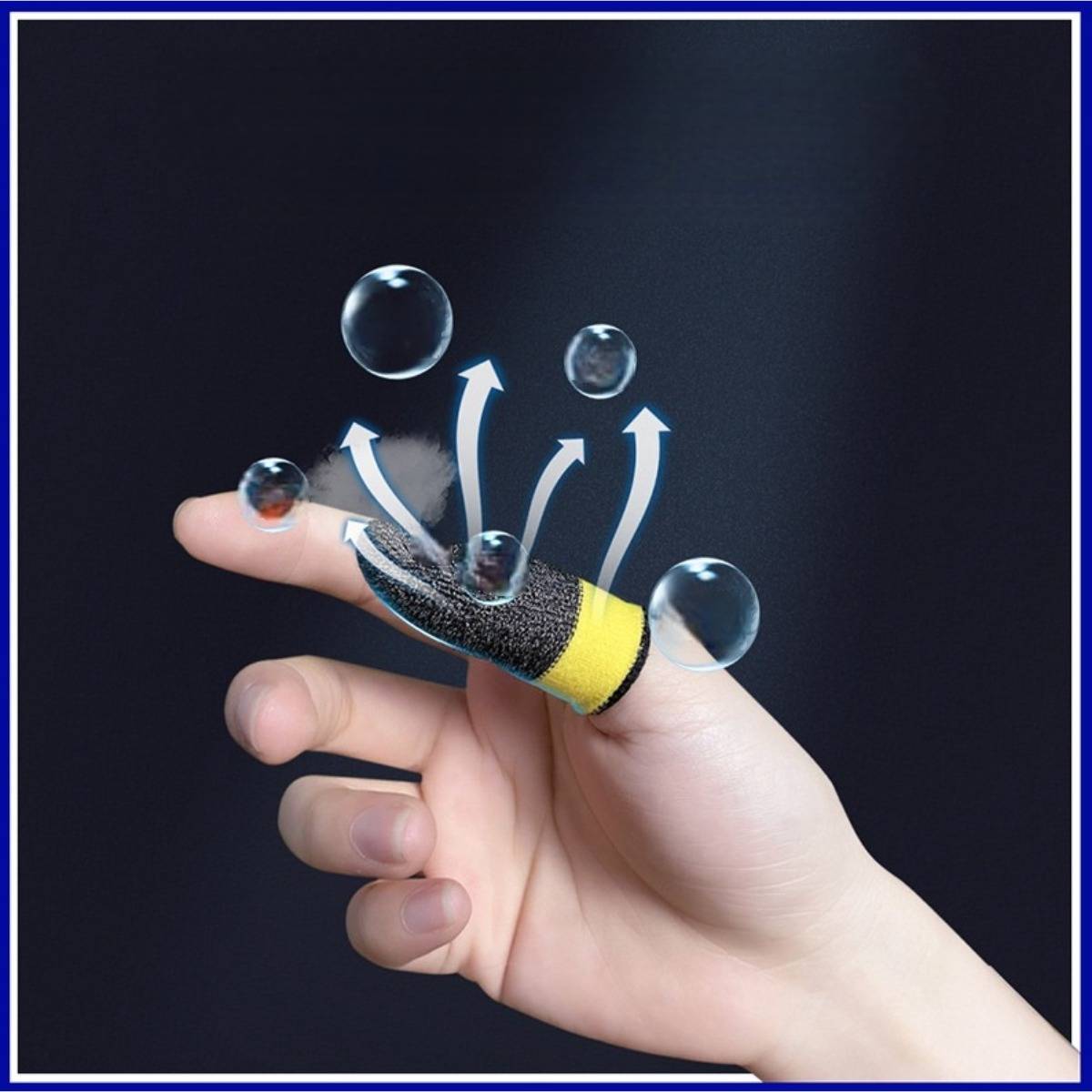 Hand mit texturiertem gelb-schwarzem Fingerspitzenhandschuh, mit Pfeilen und Blasen, die von der Fingerspitze gegen einen dunklen Hintergrund aufsteigen.