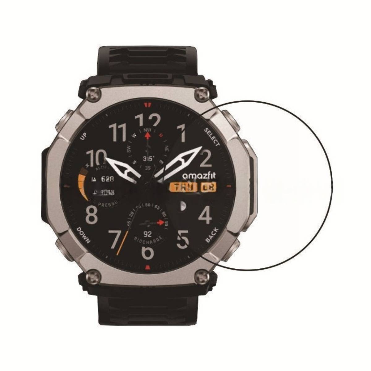 Schwarze Amazfit-Smartwatch mit großem analogem Zifferblatt und digitaler Datenanzeige, Vorderansicht mit kreisförmiger Hervorhebung auf der rechten Seite.
