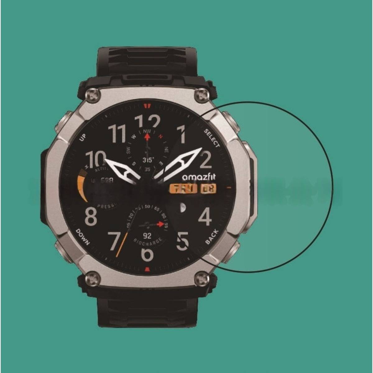 Schwarze Amazfit-Smartwatch mit rundem analogem Display und robustem silbernem Lünette auf tealfarbenem Hintergrund, mit einer kreisförmigen Hervorhebung auf der rechten Seite.