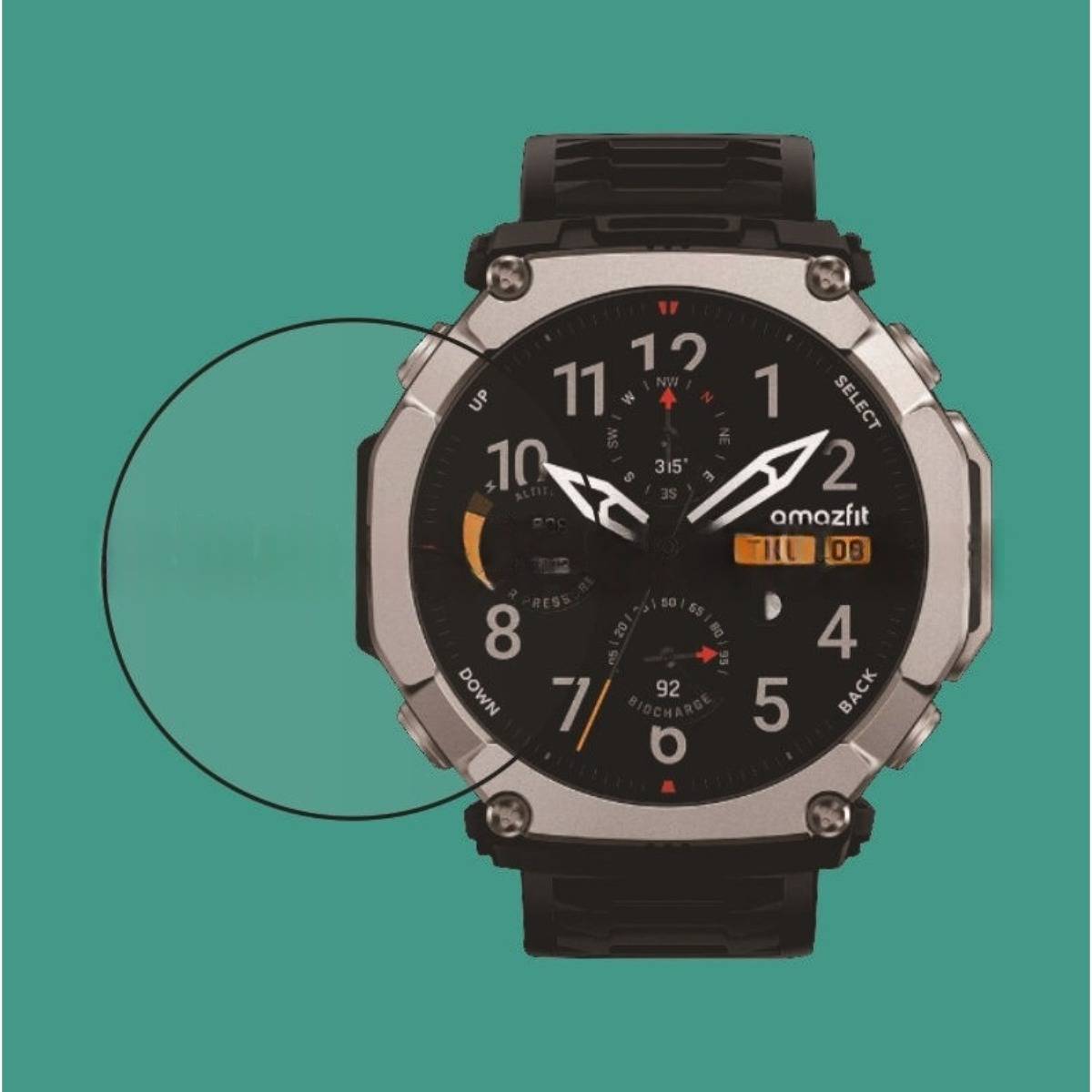 Eine schwarze Amazfit-Smartwatch mit analogem Zifferblatt und digitalen Anzeigen, von vorne auf einem blaugrünen Hintergrund mit einer Kreismarkierung auf der linken Seite dargestellt.
