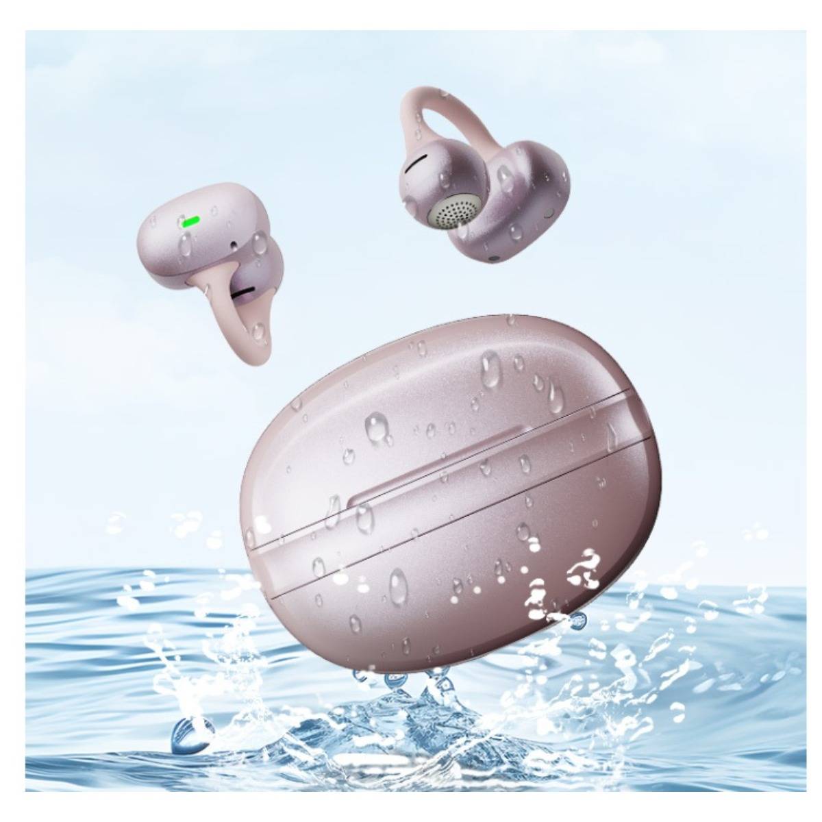 Wasserdichte kabellose Ohrhörer und Ladeetui, die über spritzendem Wasser schweben, wobei die Wasserbeständigkeit hervorgehoben wird.
