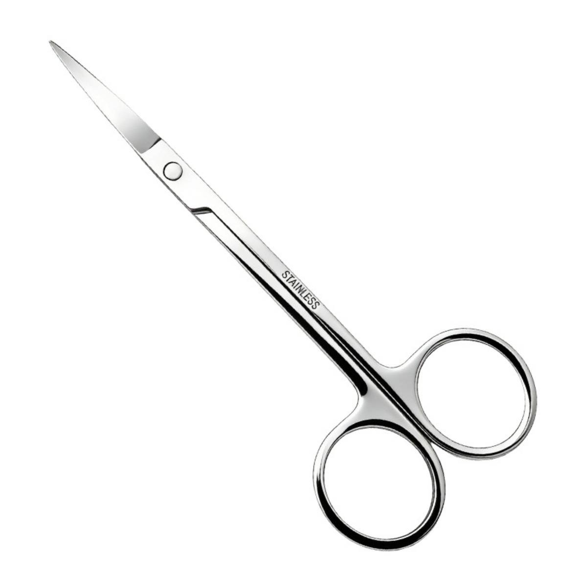 Ein Paar Edelstahlscheren mit spitzen Klingen und Fingerschlaufen, gezeigt auf einem schlichten weißen Hintergrund.