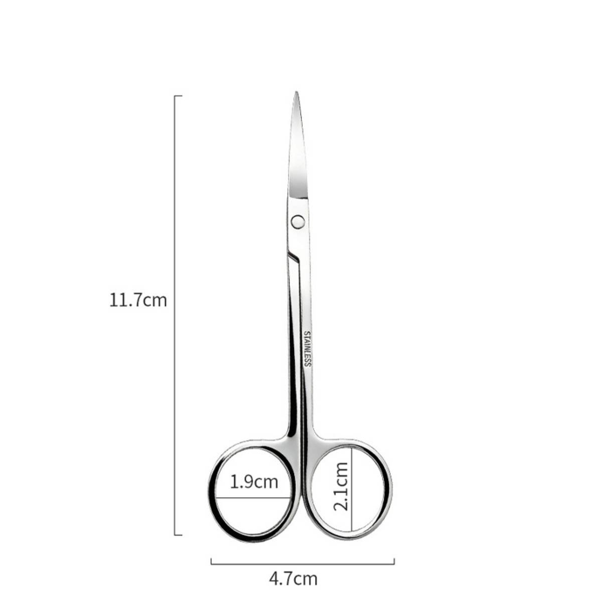 Silberne Edelstahlschere mit Abmessungen dargestellt: 11,7 cm Höhe, 4,7 cm Breite, Ringgriffe 1,9 cm und 2,1 cm.