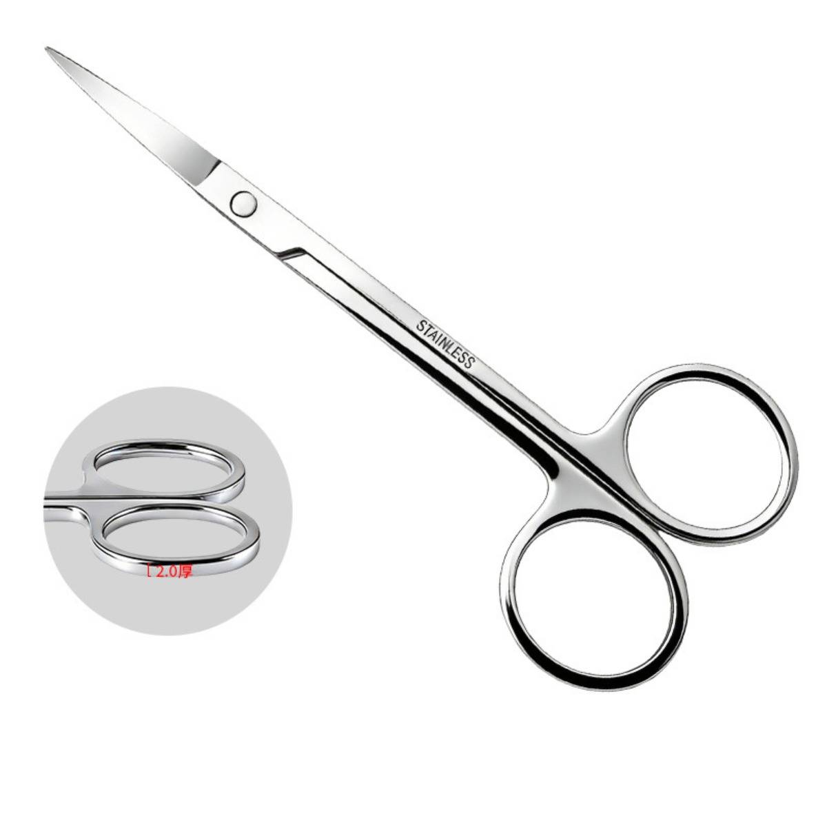 Edelstahlschere mit spitzen Klingen und Fingerschleifen, auf weißem Hintergrund gezeigt, mit einem kleinen Ausschnitt, der ein Größenetikett von 12,0 cm hervorhebt.