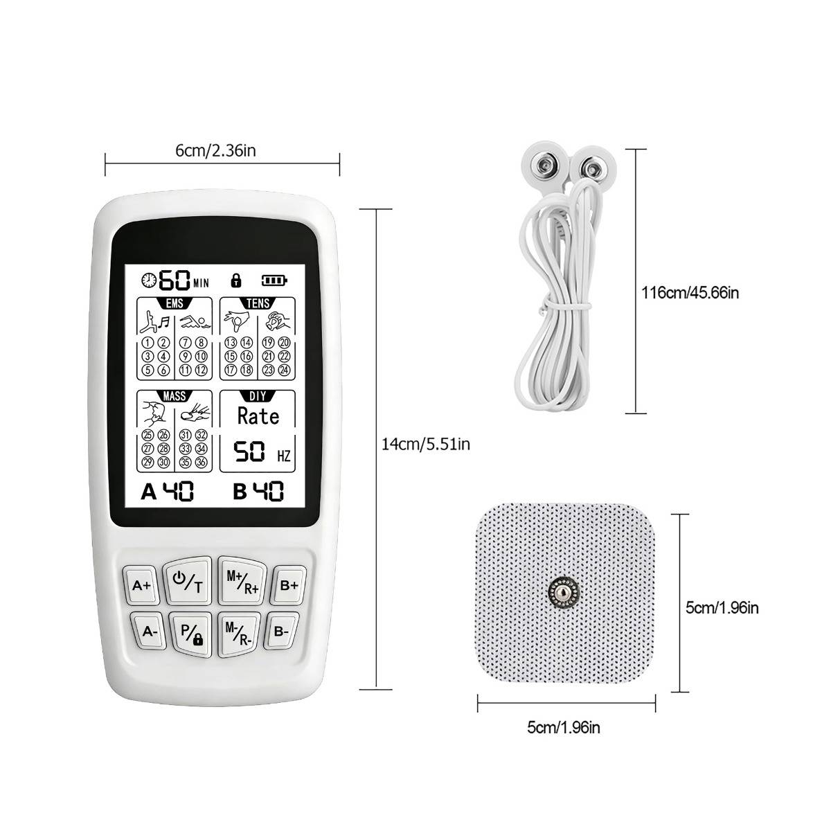 Tragbares elektronisches Massagegerät mit Fernbedienung, doppelten Elektrodenpads und Kabel; Abbildung zeigt Produktabmessungen: Controller 14 cm hoch, Pad 5 cm Quadrat, Kabel 116 cm lang.