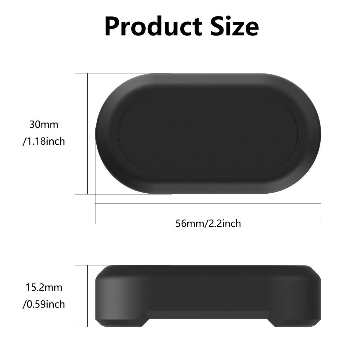 Produktgrößendiagramm mit schwarzem ovalem Gerät: 56 mm (2,2 Zoll) breit, 30 mm (1,18 Zoll) hoch und 15,2 mm (0,59 Zoll) dick.