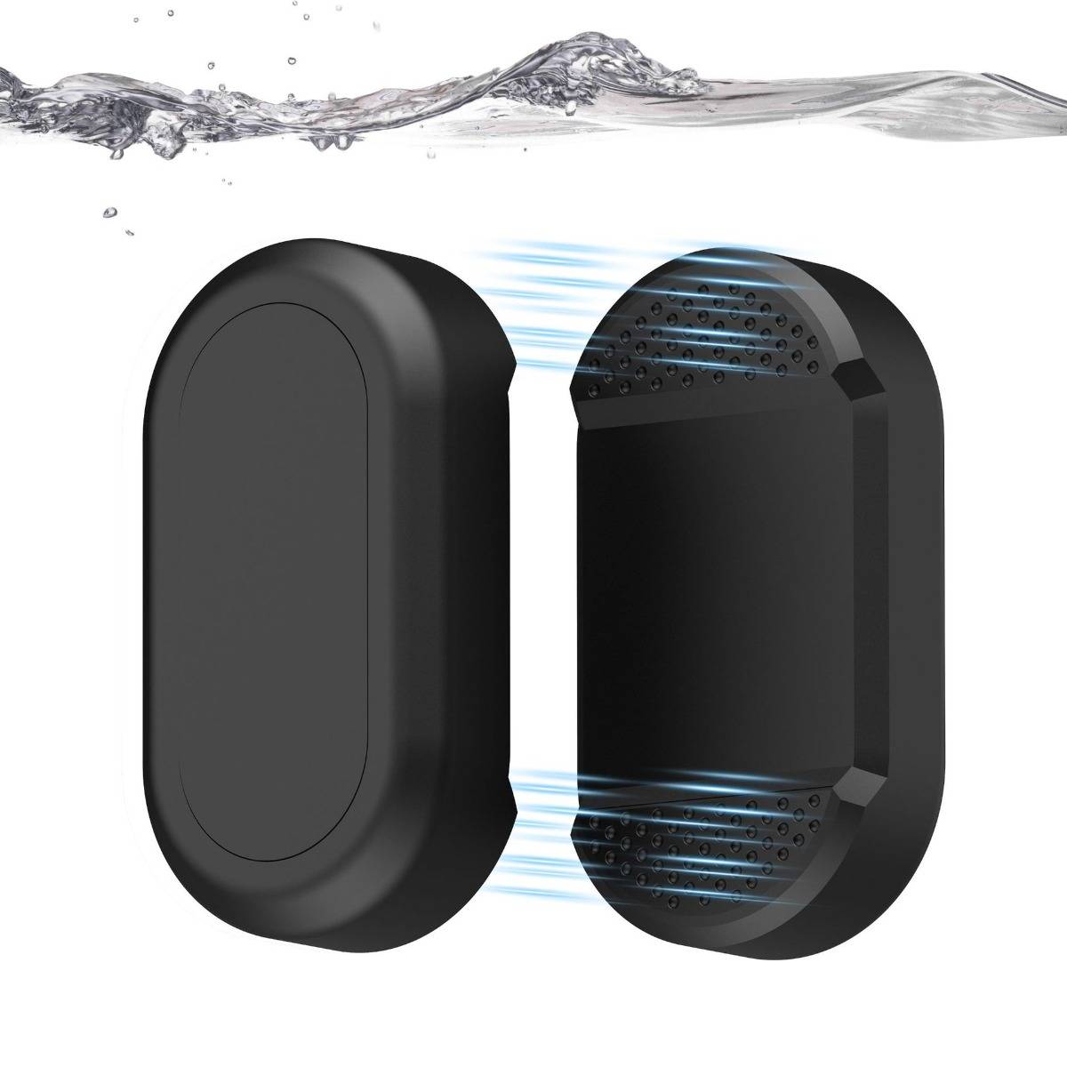 Explodierte Ansicht eines schwarzen wasserdichten Kapselgeräts, aufgeklappt, um perforierte innere Enden mit blauen Luftströmungs- oder Wasserströmungslinien und Wasser darüber zu zeigen.