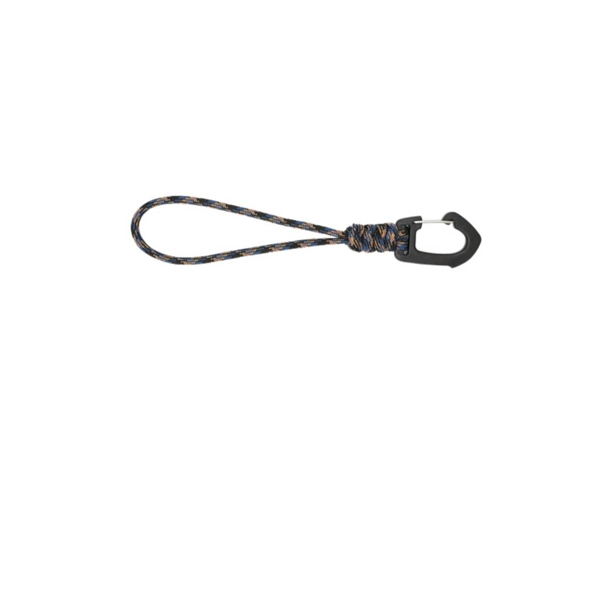 Schwarzblau geflochte Paracord-Schlaufe mit kleinem schwarzem Kunststoffclip, gezeigt auf einem einfachen weißen Hintergrund.