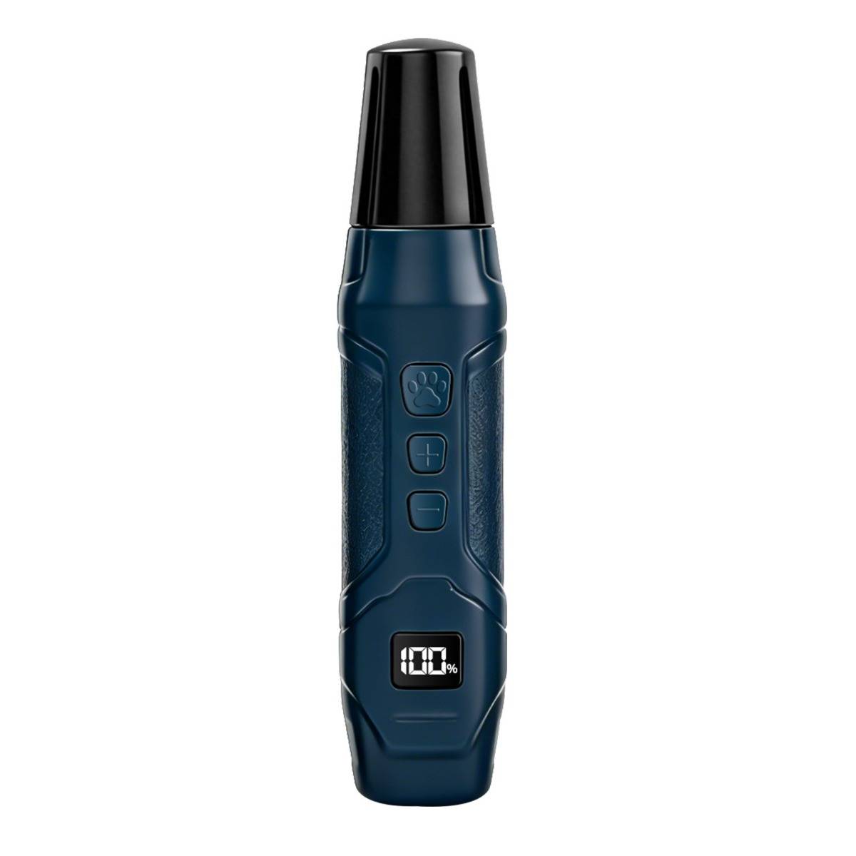 Blauer tragbarer Haustierpflege-Trimmer mit schwarzer Kappe, drei Frontknöpfen und einem kleinen digitalen Display, das „100 %