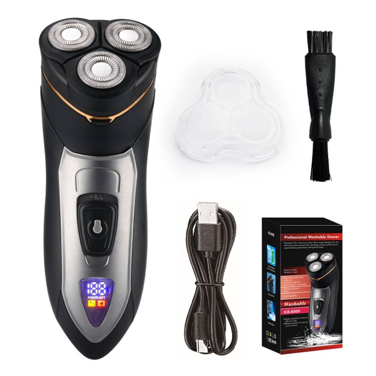 Elektrischer Rotationsrasierer mit drei Köpfen, abgebildet mit Schutzkappe, Reinigungsbürste, USB-Ladekabel und Einzelhandelsverpackung.