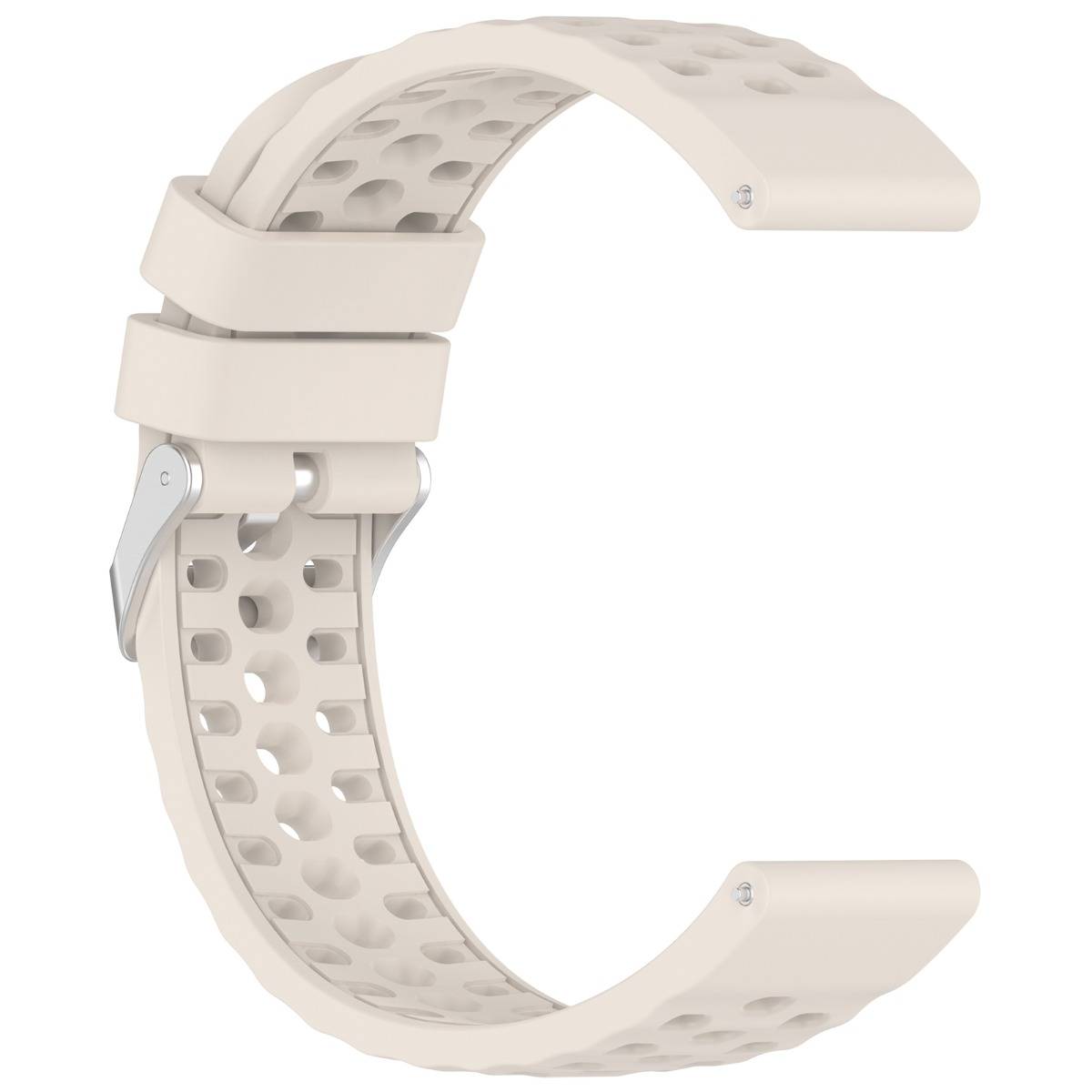 Beigefarbiges, durchlöchertes Smartwatch-Armband mit gebogenem Band und Metallverschluss, isoliert auf weißem Hintergrund dargestellt.
