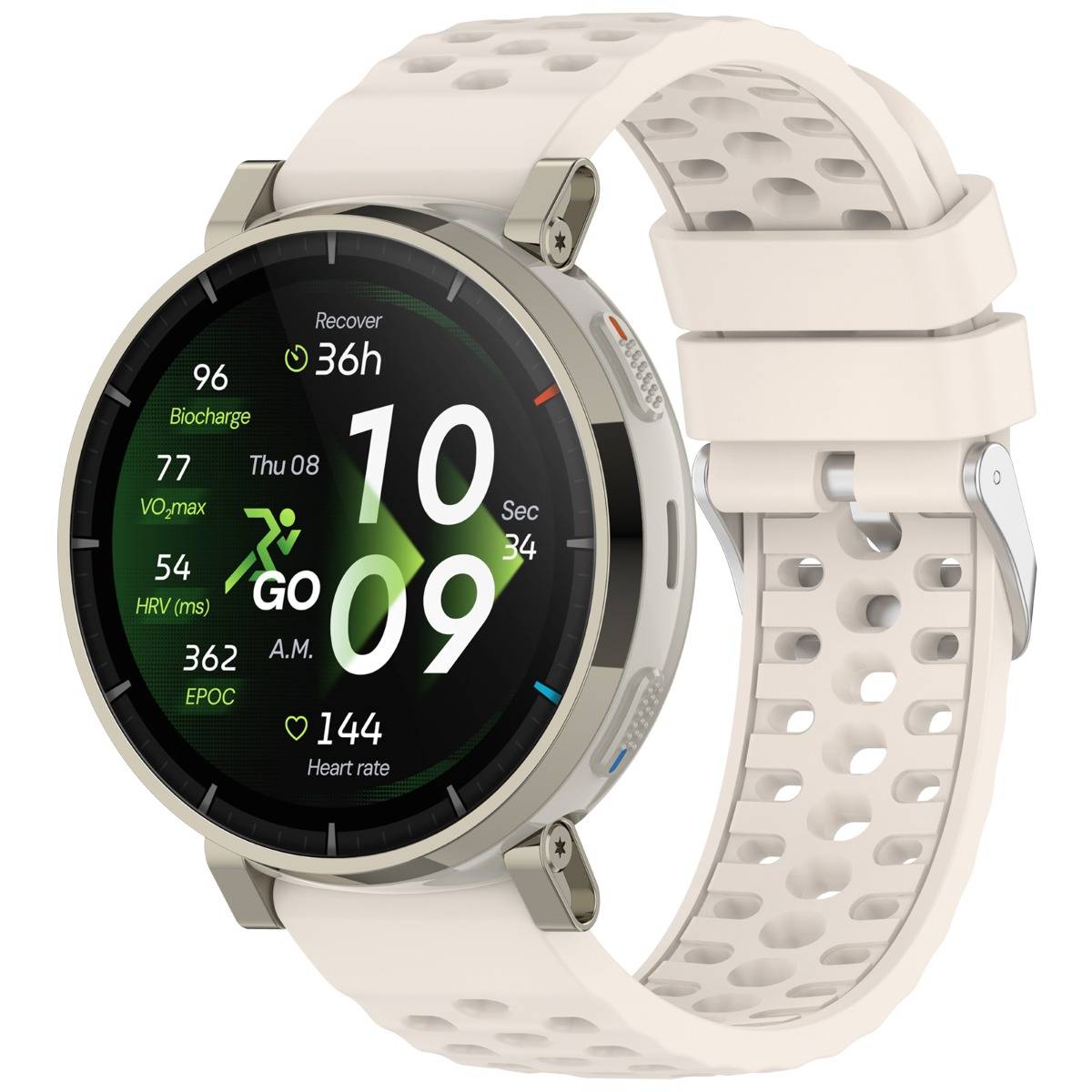 Weiße Garmin-Sportsmartwatch mit perforiertem Silikonarmband, zeigt Fitness-Metriken und Uhrzeit auf einem schwarzen digitalen Display.