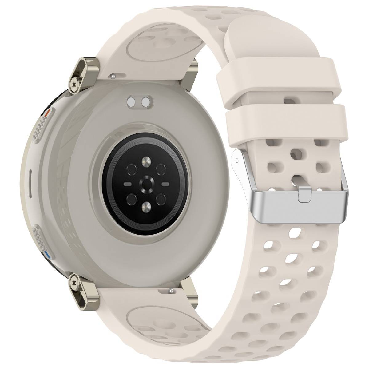 Rückansicht einer beigen Smartwatch mit rundem Sensormodul und perforiertem Sportarmband auf weißem Hintergrund.