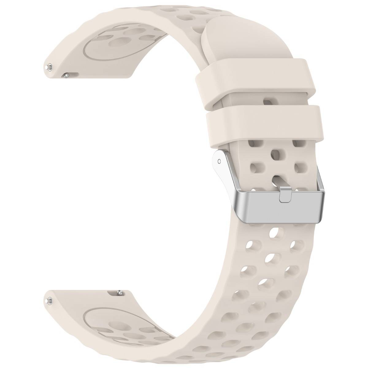 Beigefarbiges perforiertes Smartwatch-Armband mit silberner Schnalle und Verschluss, isoliert auf weißem Hintergrund dargestellt.
