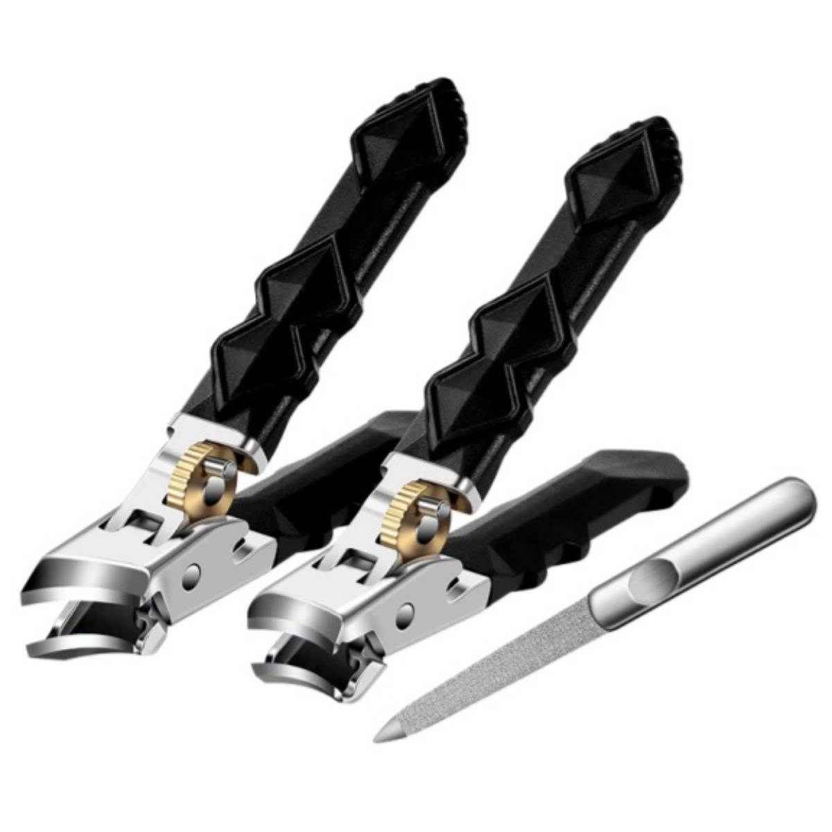 Zwei schwarze und silberfarbene Nagelknipser mit strukturierten Griffen und eine kleine Metallnagelfeile auf weißem Hintergrund.