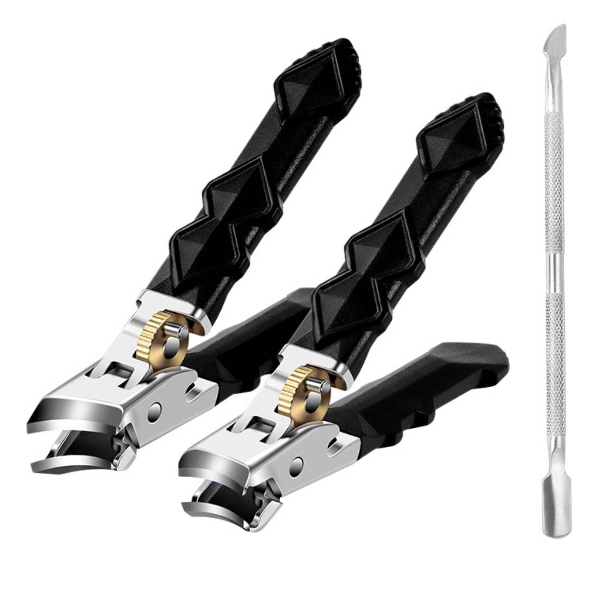 Zwei schwarze und silberne federbelastete Dosenöffner mit einem separaten Metall-Hebelwerkzeug auf weißem Hintergrund.