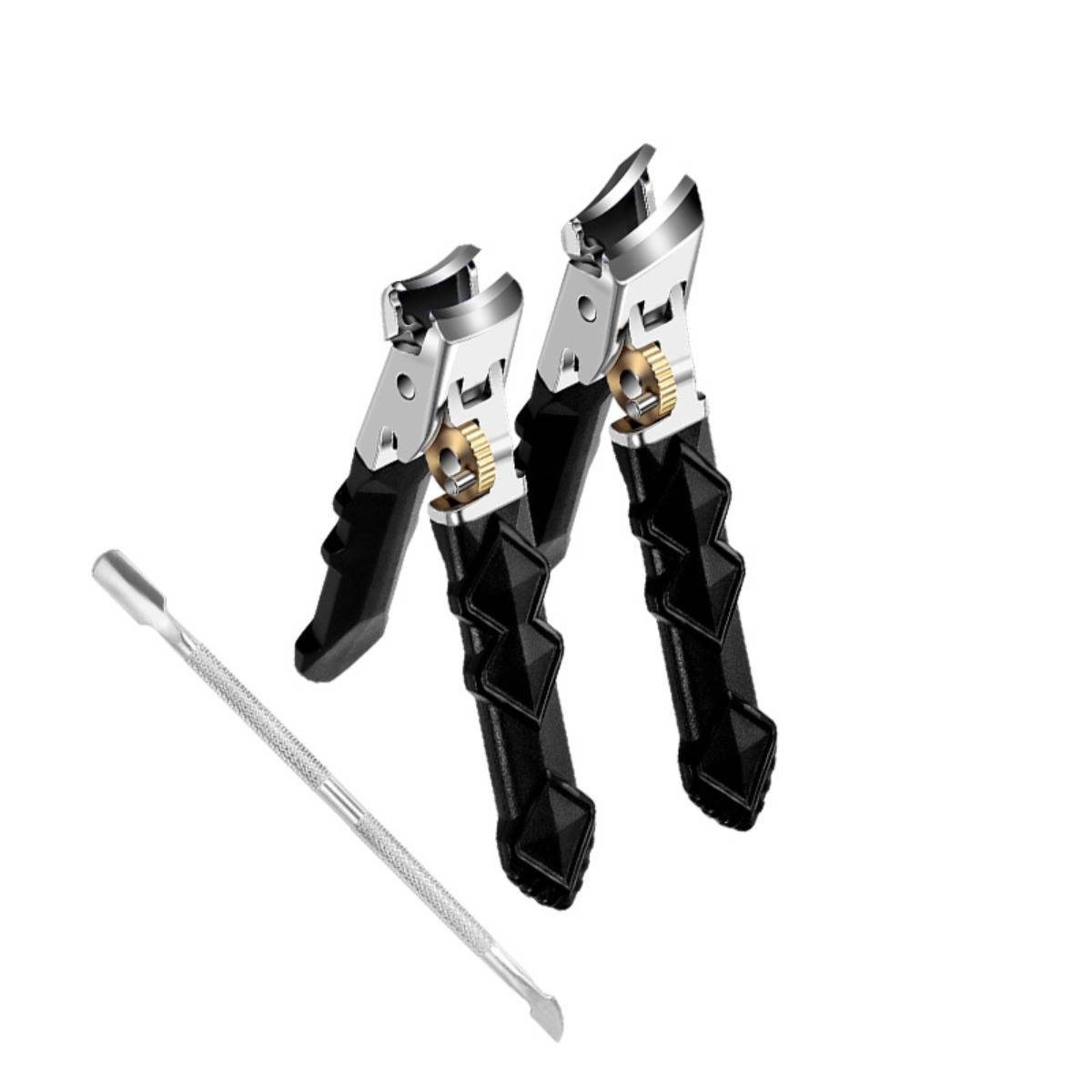 Paar schwarzsilberner Handwerkzeuge mit federbelasteten Metallbacken und gerillten Griffen, gezeigt mit einem langen Metallpicker auf weißem Hintergrund.