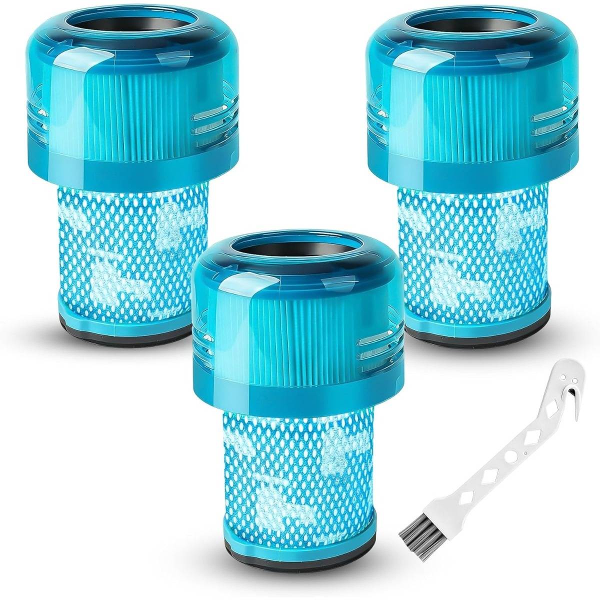 Drei blaue zylindrische Luftfilter mit einer kleinen weißen Reinigungsbürste auf weißem Hintergrund.