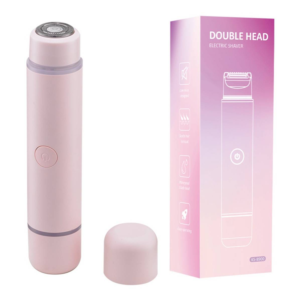 Rosa Elektrorasierer mit doppeltem Scherkopf, zylindrischer Körper, abnehmbarer Kappe und passender Produktbox mit der Aufschrift „DOUBLE HEAD ELECTRIC SHAVER