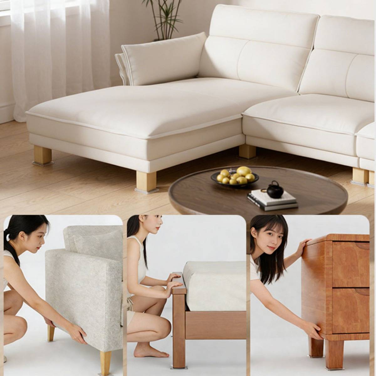 Weiße modulare Eckgarnitur in einem Wohnzimmer, mit eingeblendeten Fotos, die eine Frau zeigen, wie sie die Beine verstellt und die Möbel bewegt.
