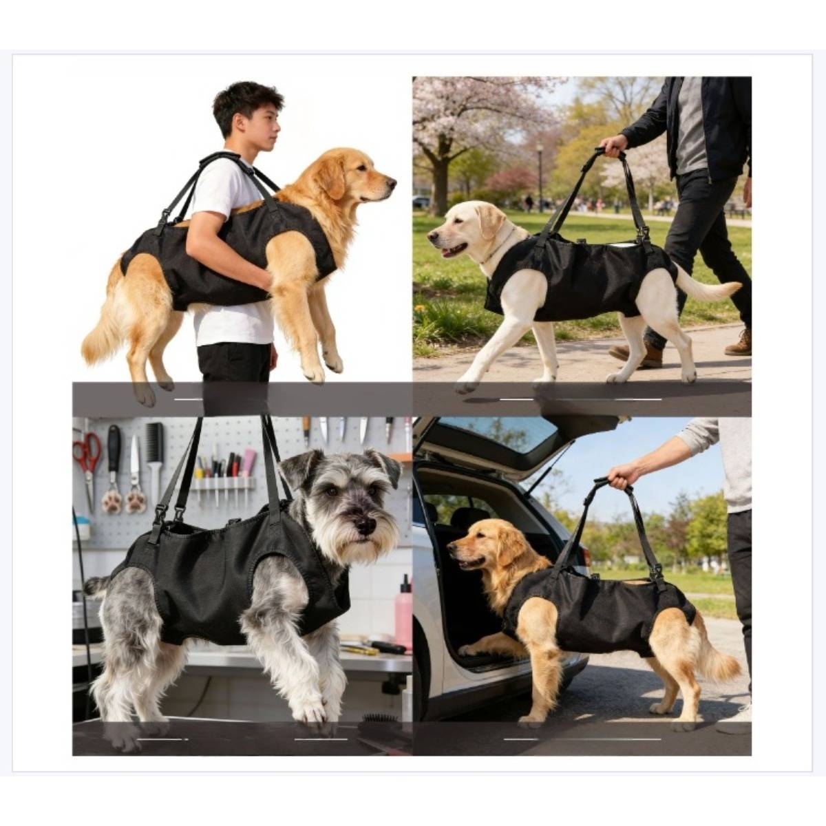 Collage mit einem Hundemobilitätsgeschirr, das zum Heben und Stützen von Hunden verwendet wird, mit einem Kind, das einen Labrador trägt, und Hunden, die draußen, drinnen und an einem Autokofferraum unterstützt werden.
