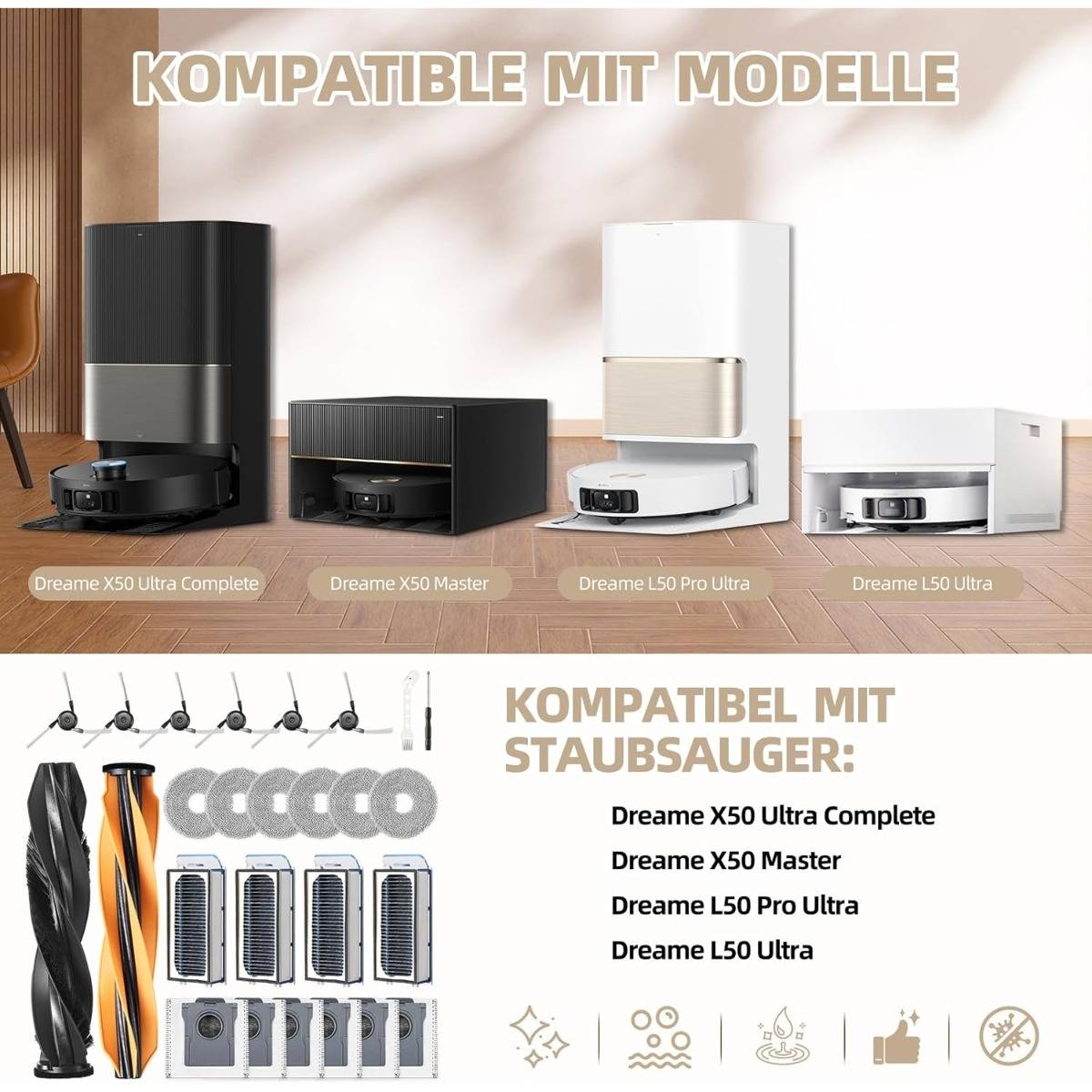 Werbegrafik mit kompatiblen Staubsaugerroboter-Modellen: Dreame X50 Ultra Complete, X50 Master, L50 Pro Ultra und L50 Ultra, sowie enthaltenes Zubehör für Staubsauger und Staubbeutelteile.