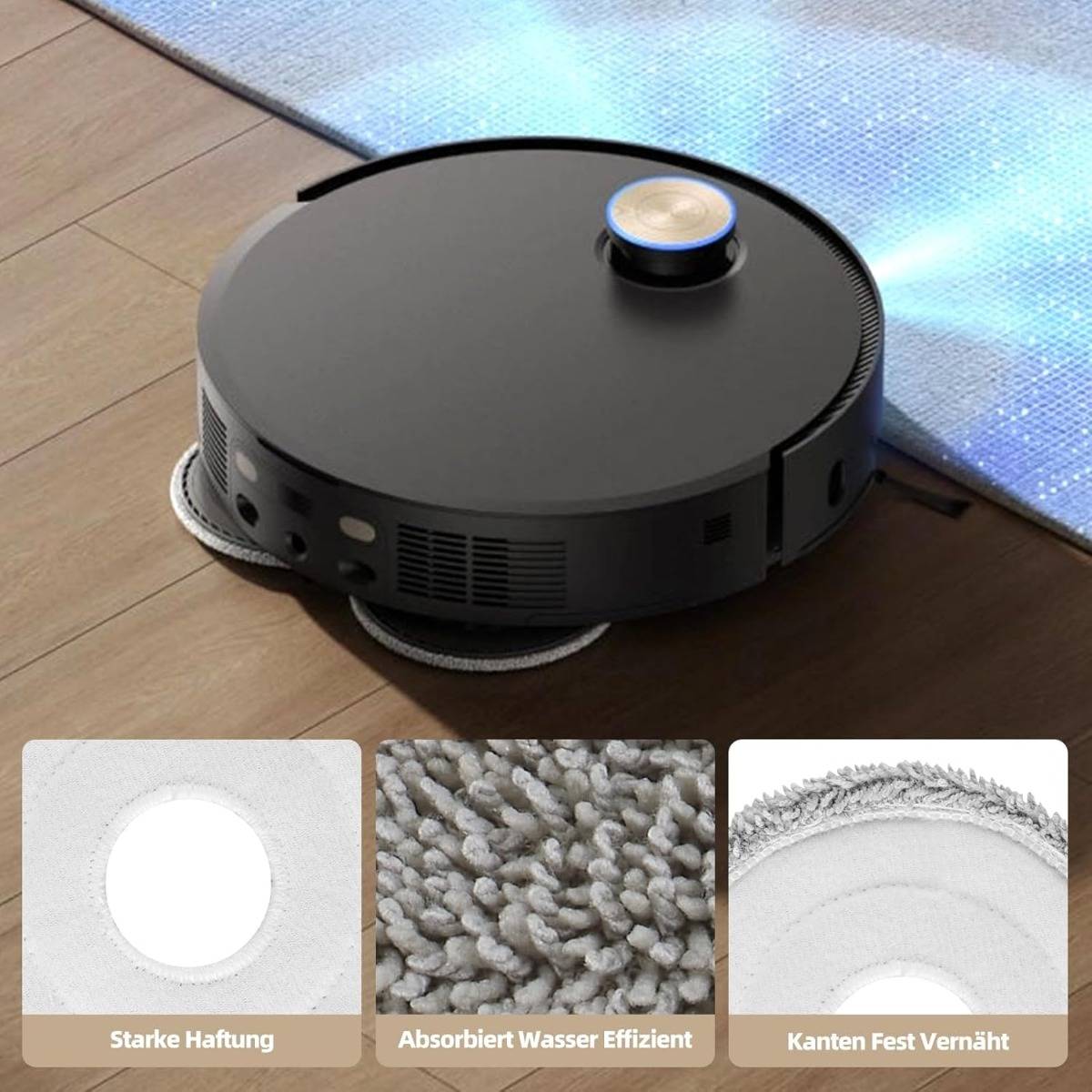 Roboterstaubsauger, der einen Holzboden neben einem Teppich reinigt, mit drei eingefügten Nahaufnahmen, die starke Haftung, Wasseraufnahme und verstärkte gesäumte Kanten zeigen.