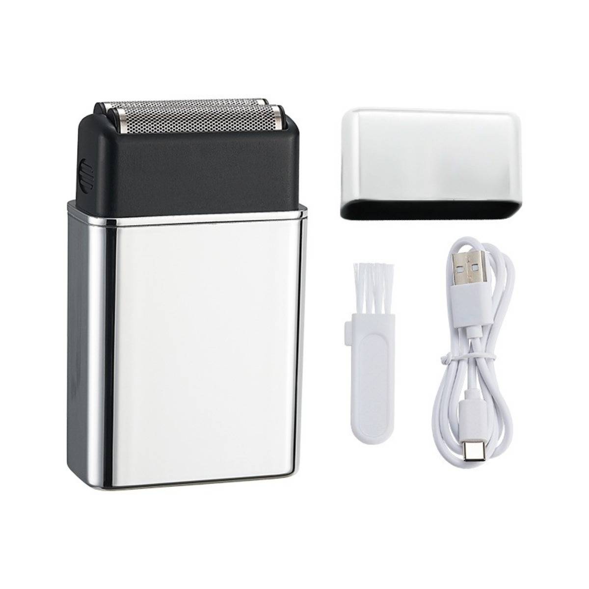 Elektrorasierer-Set mit Silberrasierer, Schutzkappe, Reinigungsbürste und USB-Ladekabel auf weißem Hintergrund.