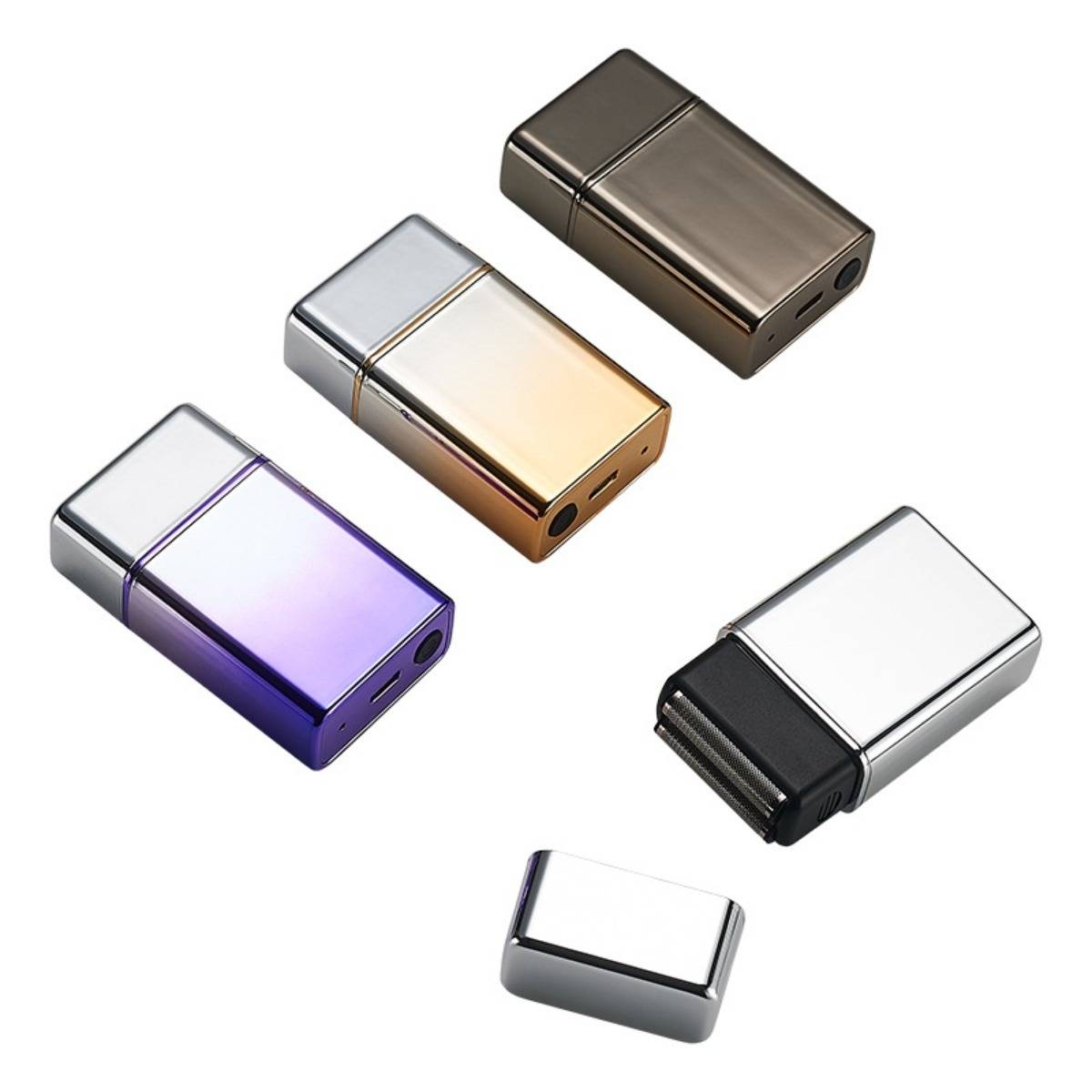 Fünf kleine rechteckige USB-Speichersticks in verschiedenen metallischen Farben auf weißem Hintergrund angeordnet.