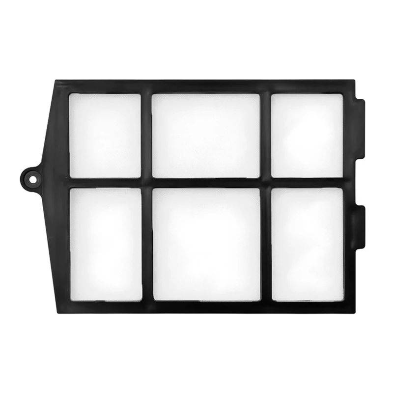 Schwarzes rechteckiges Netz-Luftfilter mit sechs weißen Filterpanelen und Montagelaschen, dargestellt auf weißem Hintergrund.