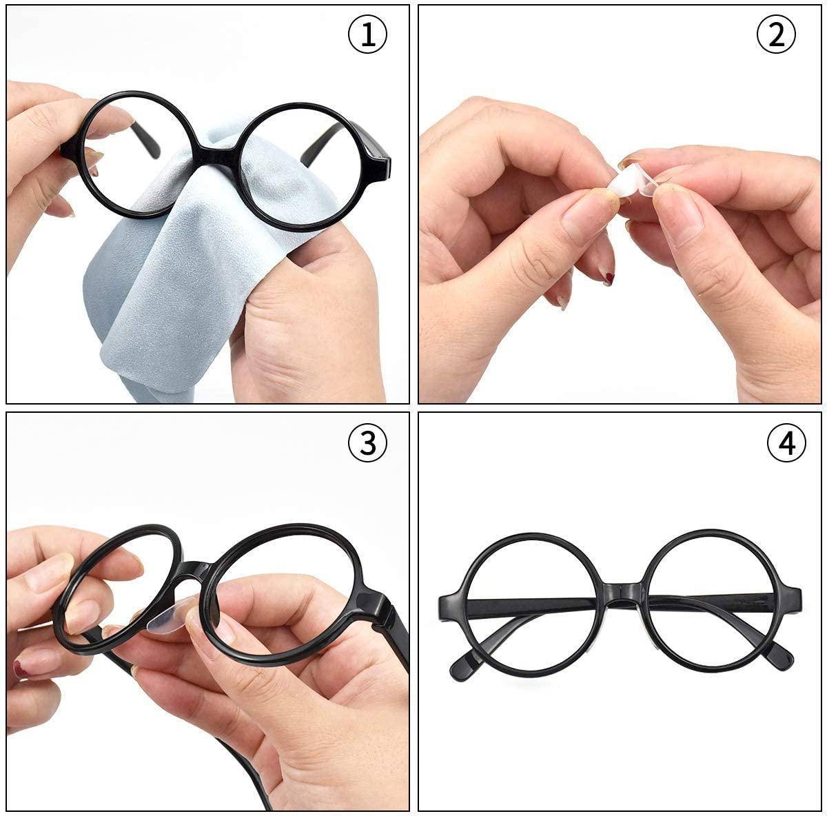 Vierschrittiges Bild zeigt, wie man Brillengläser und -fassungen mit einem Tuch und einem kleinen Teil reinigt und wieder zusammensetzt.