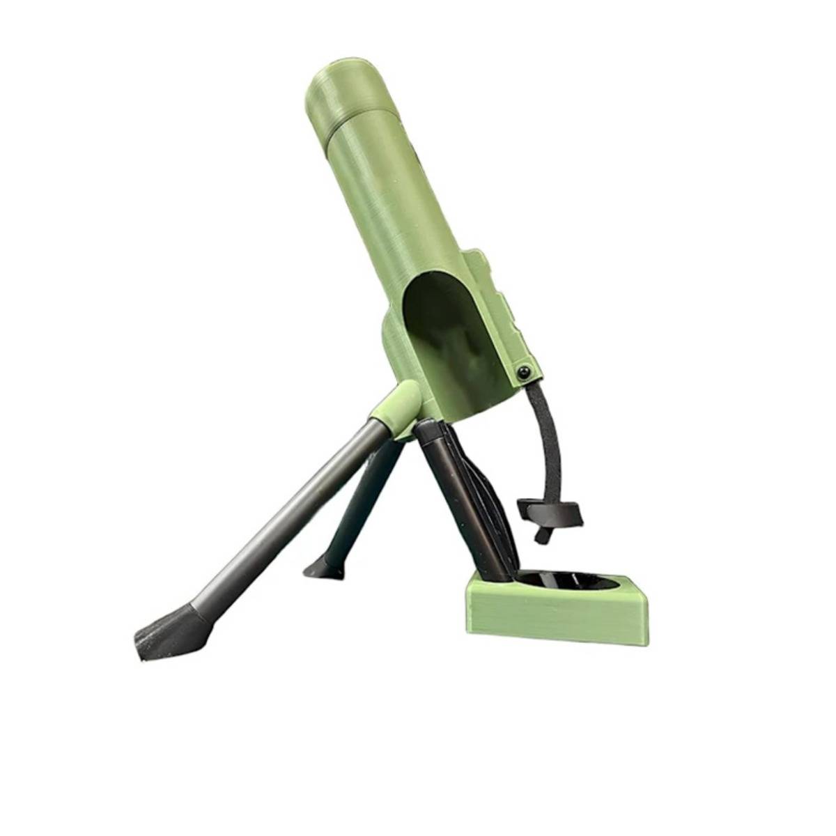 Eine grüne Gewehrauflage mit Zweibein und Magazinhalter, gezeigt auf weißem Hintergrund.