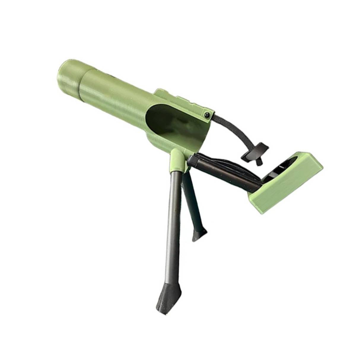Grüner montierter Werfer mit Stativ und Schultergurt, dargestellt auf weißem Hintergrund.